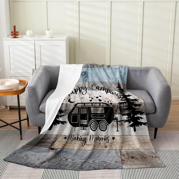 Rustic Farmhouse Decor Blanket Throw 50x60 inch,Happy Camping Throw Blanket for Boys Kids Teens,Camper Fleece Blanket,Black Sketch Drawing Vintage Old Barn Door Flannel Blanket Sofa Bed Couch Decor