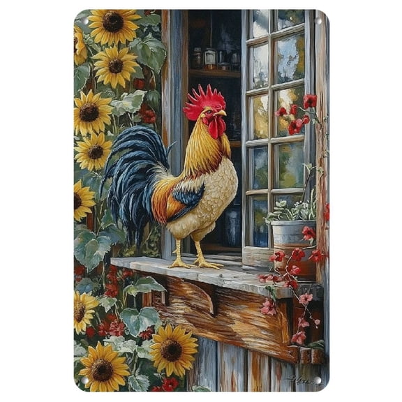 Rustic Farmhouse Decor - Rooster & Sunflowers Aluminum Wall Art, Indoor/Outdoor Metal Sign, 12x8 inches