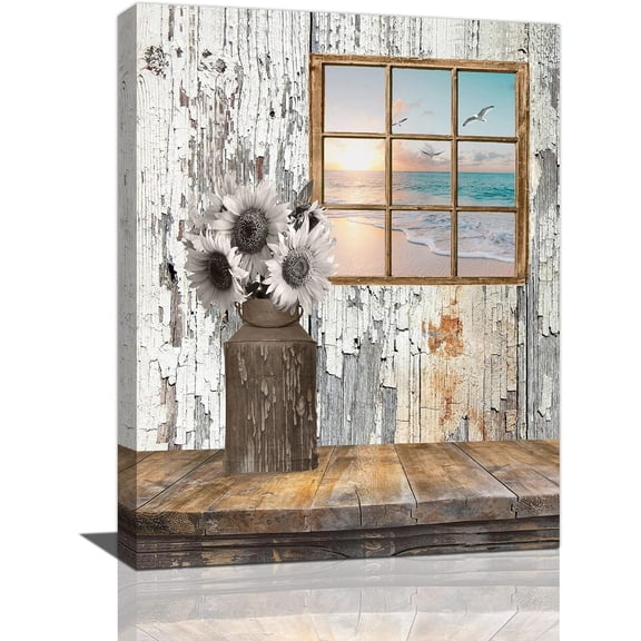 Rustic Farmhouse Decor Wall Art for Living Room Black and White Sunflowers Beach Pictures Country Flower Painting Contemporary Canvas Artwork for Bathroom Bedroom Home Framed 16"x12"