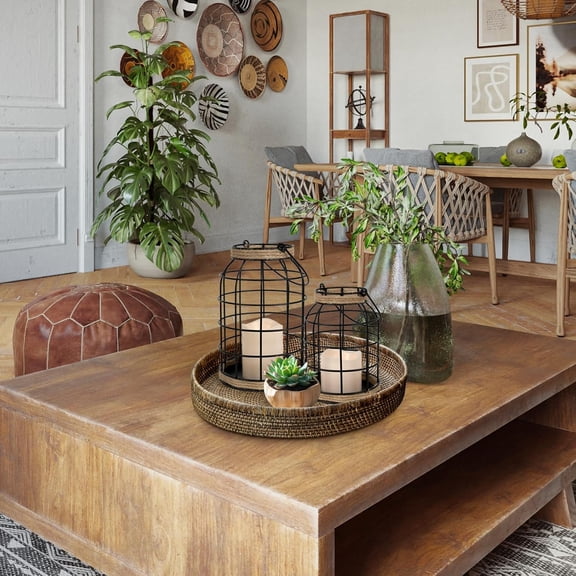 Rustic Farmhouse Decorative Lantern Set of 2, Boho Lanterns with LED Candles, Modern Farmhouse Indoor Outdoor Decor for Living Room Patio Porch Fireplace Kitchen Dining Table Centerpiece