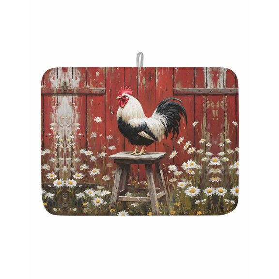 Rustic Farmhouse Dish Drying Mat 18x24 inch Rustic Red Barn Rooster Wildflowers Super Absorbent Microfiber Dish Drying Pad for Kitchen Countertops Sink Dish Drainer Racks Coffee Bar Mats 1 Pack