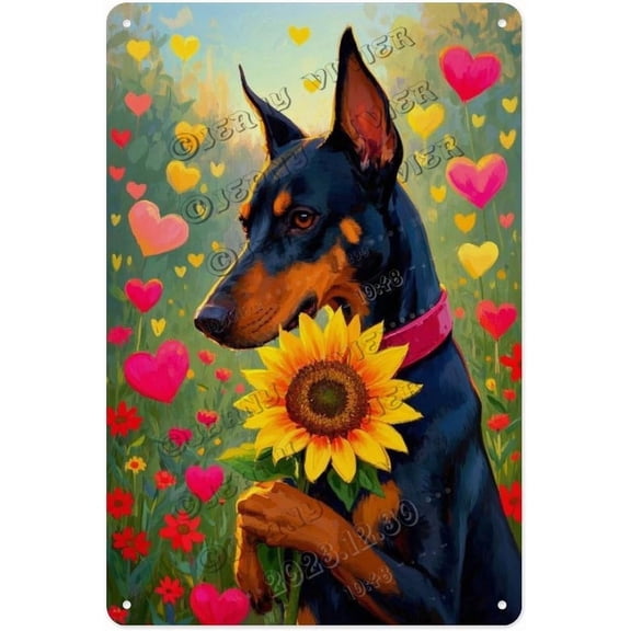 Rustic Farmhouse Dog Wall Art Tin Sign, Doberman With Sunflower, Vintage Aluminum Metal Wall Decor for Home Garden Kitchen Porch, 8x12 Inch