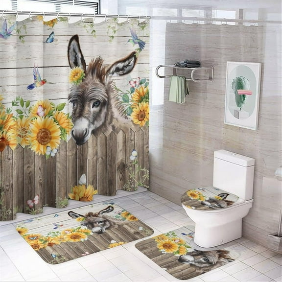 Rustic Farmhouse Donkey 4 Pcs Waterproof Shower Curtain Set,Vintage Western Saloon Cowboy Donkey Sunflower with Waterproof Toilet Cover Shower Mat Rugs