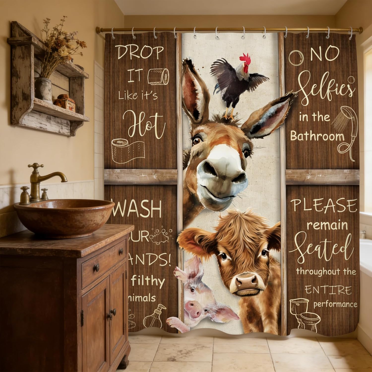 Rustic Farmhouse Donkey Cow And Pig Shower Curtain Funny Animal Bathroom Decor Fabric Waterproof 71x71 Inches