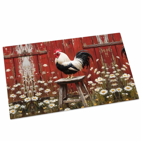 Rustic Farmhouse Door Mat 16x24 Inch Rustic Red Barn Rooster Wildflowers Entryway Rug with Non-Slip Rubber, Front Door Rug Indoor Floor Mats for Living Room Bathroom Bedroom Home Office