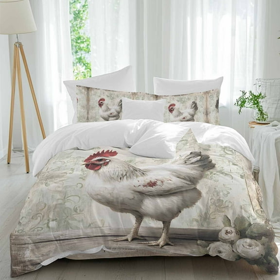 Rustic Farmhouse Duvet Cover Set California King Size Brocade Pattern White Chicken Soft Lightweight Comforter Covers 4 Piece Bedding Set with 1 Duvet Cover 1 Bed Sheet & 2 Pillow Shams