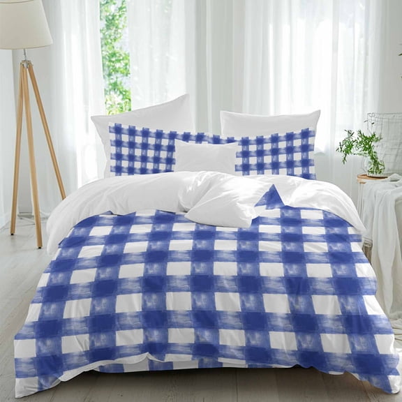 Rustic Farmhouse Duvet Cover Set Queen Size Indigo Blue Watercolor Lattice Soft Lightweight Comforter Covers 4 Piece Bedding Set with 1 Duvet Cover 1 Bed Sheet & 2 Pillow Shams
