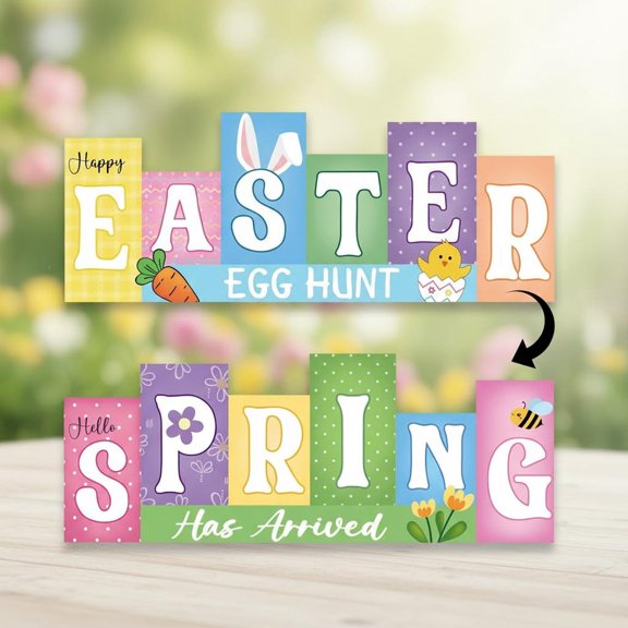 Rustic Farmhouse Easter Table Sign - Wooden Reversible Decor With Different Themes - Bunny Rabbit Tiered Tray Centerpiece