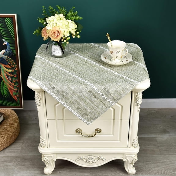 Rustic Farmhouse Embroidered Small Square Tablecloth 20x20 Inch, Jacquard Striped Table Cloth Washable Fabric Dining Table Cover for Nightstand Bedside End Table, Green