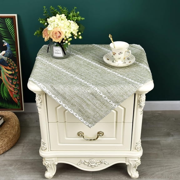 Rustic Farmhouse Embroidered Small Square Tablecloth Jacquard Striped Table Cloth Linen Texture Washable Side Table Cover Kitchen Dining Home Decoration Green 24x24 inch