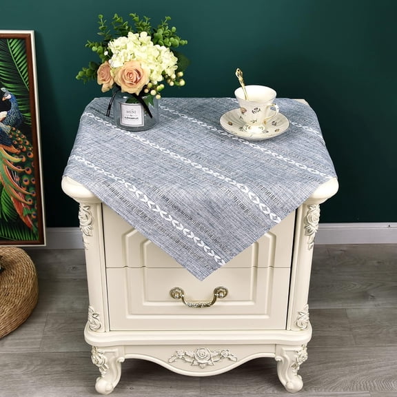 Rustic Farmhouse Embroidered Small Square Tablecloth Jacquard Striped Table Cloth Linen Texture Washable Side Table Cover Kitchen Dining Home Decoration Blue and Grey 24x24 inch
