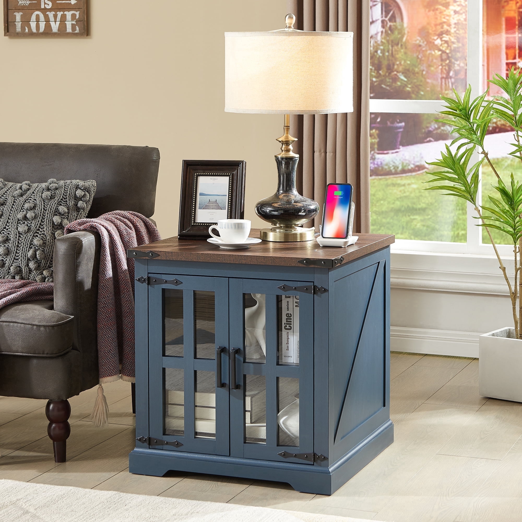24'' Farmhouse End Table Cabinet, Nightstand with Charging Station, Side Table with Storage for Living Room and Bedroom