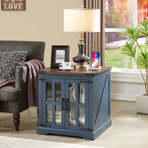 24'' Farmhouse End Table Cabinet, Nightstand with Charging Station, Side Table with Storage for Living Room and Bedroom