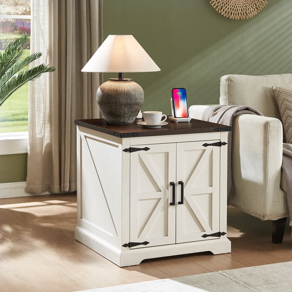 Rustic Farmhouse End Table with Charging Station - 24" Large Sofa Side Table With Barn Door Design - Square Nightstand Bedside Table with Adjustable Storage Shelf for Living Room or Bedroom,White