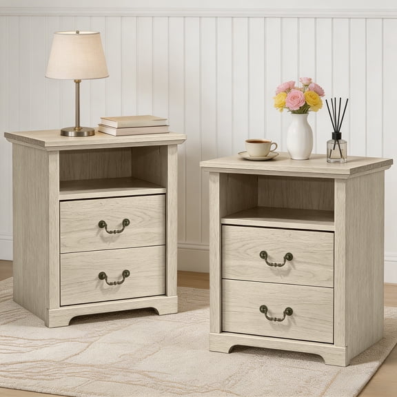 Rustic Farmhouse End Table Set of 2 with 2 Drawers & Open Shelf, Wood Bedside Storage Nightstands for Bedroom, Living Room, Oak