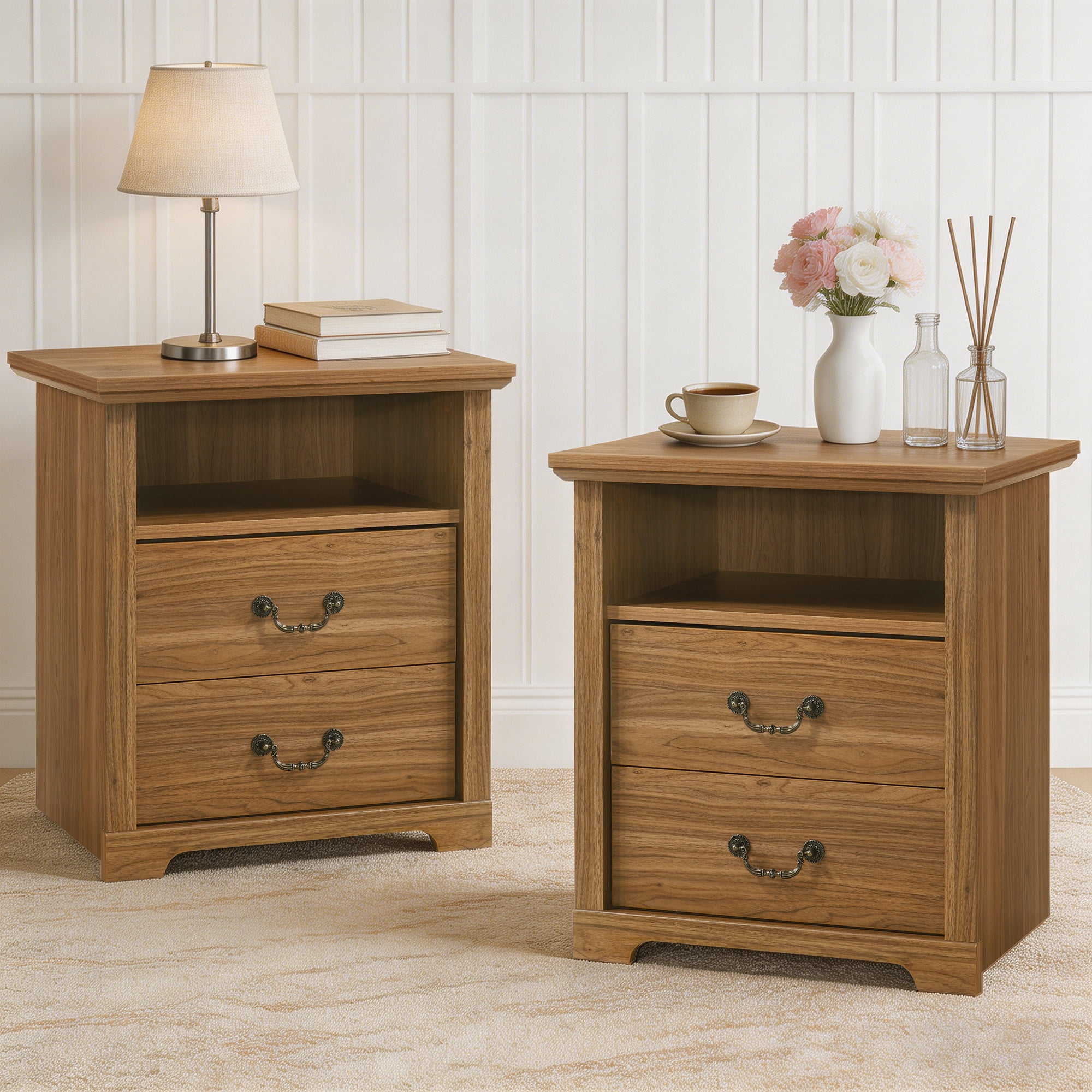 Rustic Farmhouse End Table Set of 2 with 2 Drawers & Open Shelf, Wood ...
