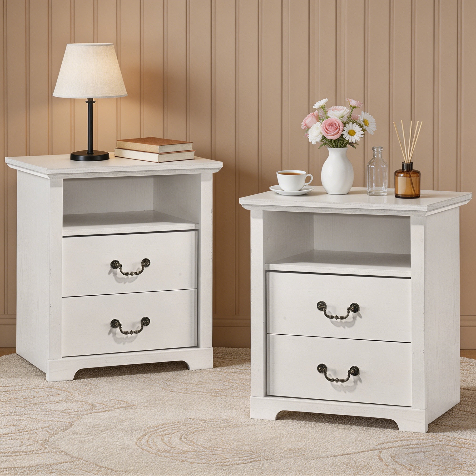 Rustic Farmhouse End Table Set of 2 with 2 Drawers & Open Shelf, Wood ...