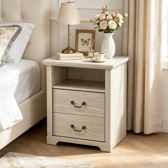 Rustic Farmhouse End Table with 2 Drawers & Open Shelf, Wood Bedside Storage Nightstand for Bedroom, Living Room, Oak