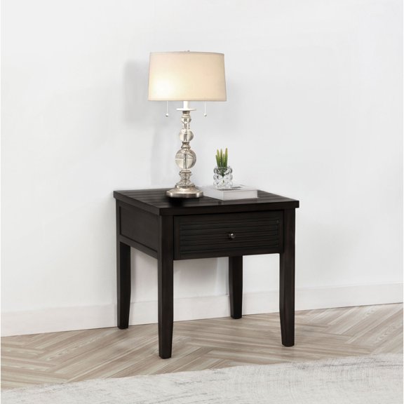 Rustic Farmhouse End Table with Drawer, Dark Brown Distressed Java Wood Square Side Table for Living Room, 24x24x24.25 Inch