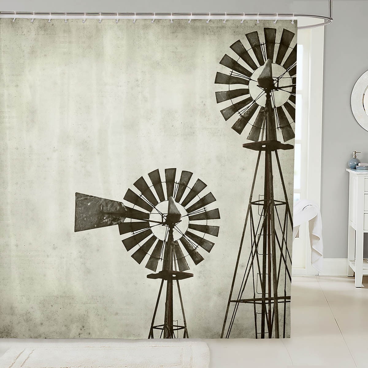 Rustic Farmhouse Fabric Shower Curtain 72"Wx72"L,Vintage Country Theme Windmill Bathroom Shower