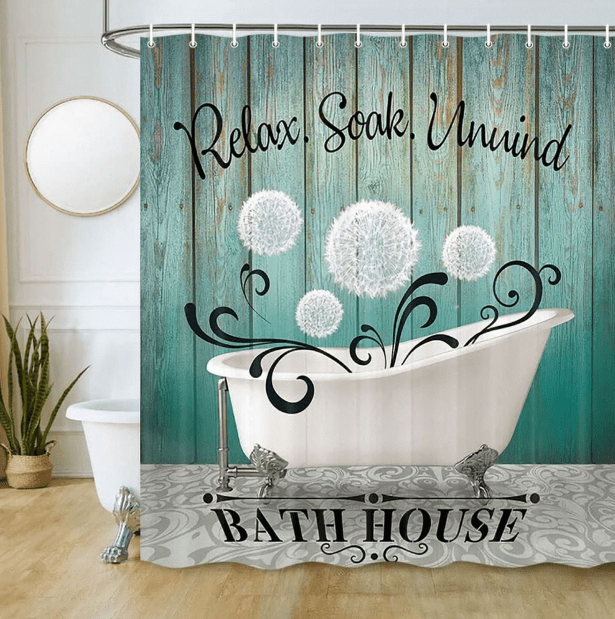 Rustic Farmhouse Fabric Shower Curtain, Dandelion with Bathtub Shower Curtain for Bathroom, Teal Turquoise Wood Shower Curtains, Funny Bathroom Quote Shower Curtain with Hooks, 69X75in