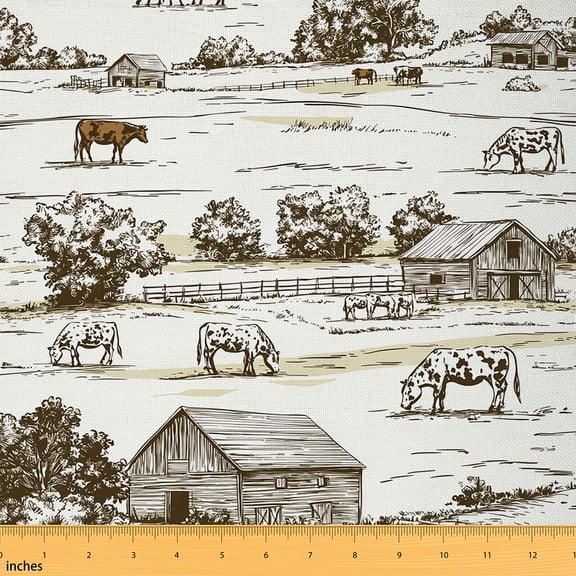 Rustic Farmhouse Fabric by the Yard,Western Farmhouse Horse Fabric,Hand Drawn Illustration Upholstery Fabric,Rustic Barn Cowboy Outdoor Fabric,Rural Meadow Wildlife Waterproof Fabric,Taupe,3 Yards