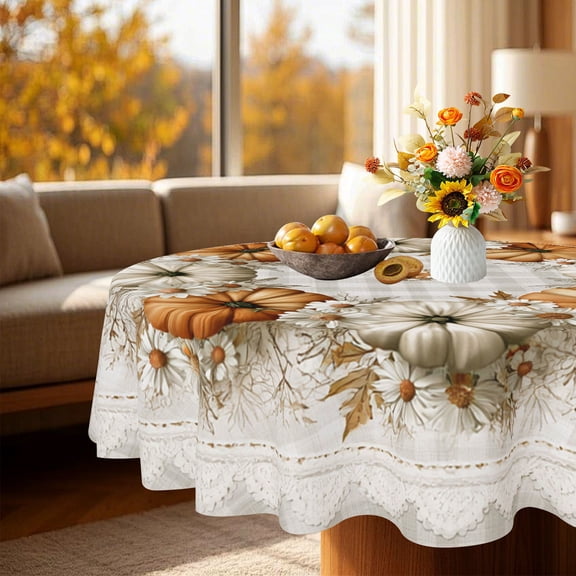 Rustic Farmhouse Fall Pumpkin Daisy Plaid Print Round Tablecloth, Dining Patio Gathering Table Decor, Thanksgiving Christmas Gift