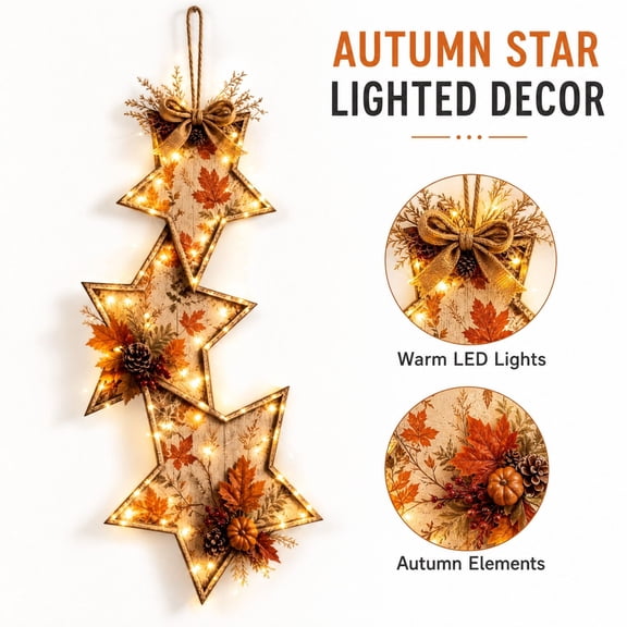 Rustic Farmhouse Fall Wall Decor, Lighted Hanging Star Decoration with Maple Leaves Pumpkin Accents for Thanksgiving Autumn Home Display