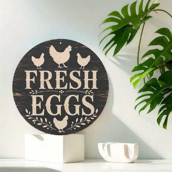 Rustic Farmhouse Farm Fresh Eggs Round Metal Tin Sign For Kitchen Wall And Coop Decor 8x8 Inch Round