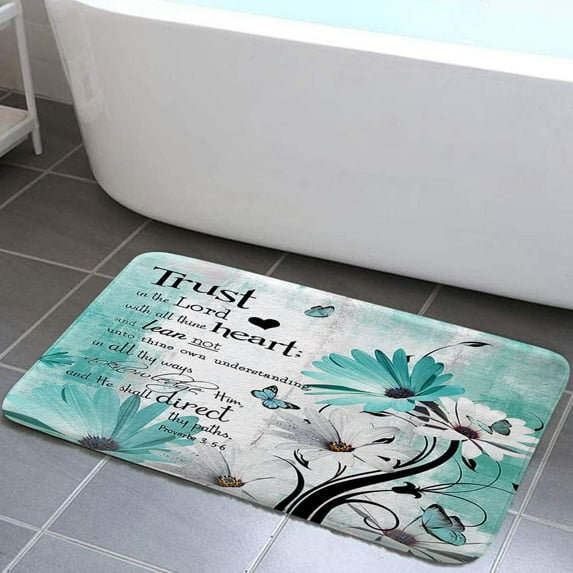 Rustic Farmhouse Farm Teal Daisy Bible Verse Inspirational Motivational Quote Bath Rugs for Bathroom, Country Turquoise Blue Non Slip Flannel Bathroom Rug, Dry Fast Water Absorbent Bath Mats,17x29