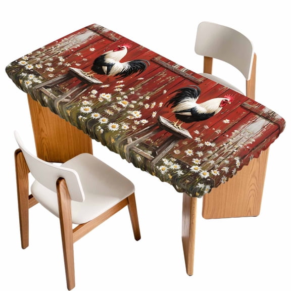 Rustic Farmhouse Fitted Rectangle Tablecloth 24" x 50" Rustic Red Barn Rooster Wildflowers Elastic Table Cloth Fits for 4 Foot Folding Tables Waterproof Table Cover for Picnic Camping Outdoor