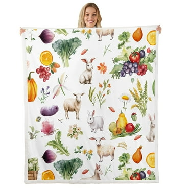 Rustic Farmhouse Fleece Bed Blanket,Rabbit Sheep Animal Throw Blanket 30"X40",Vegetables Fruits Food Sherpa Blanket Country Farm Style Flannel Blanket