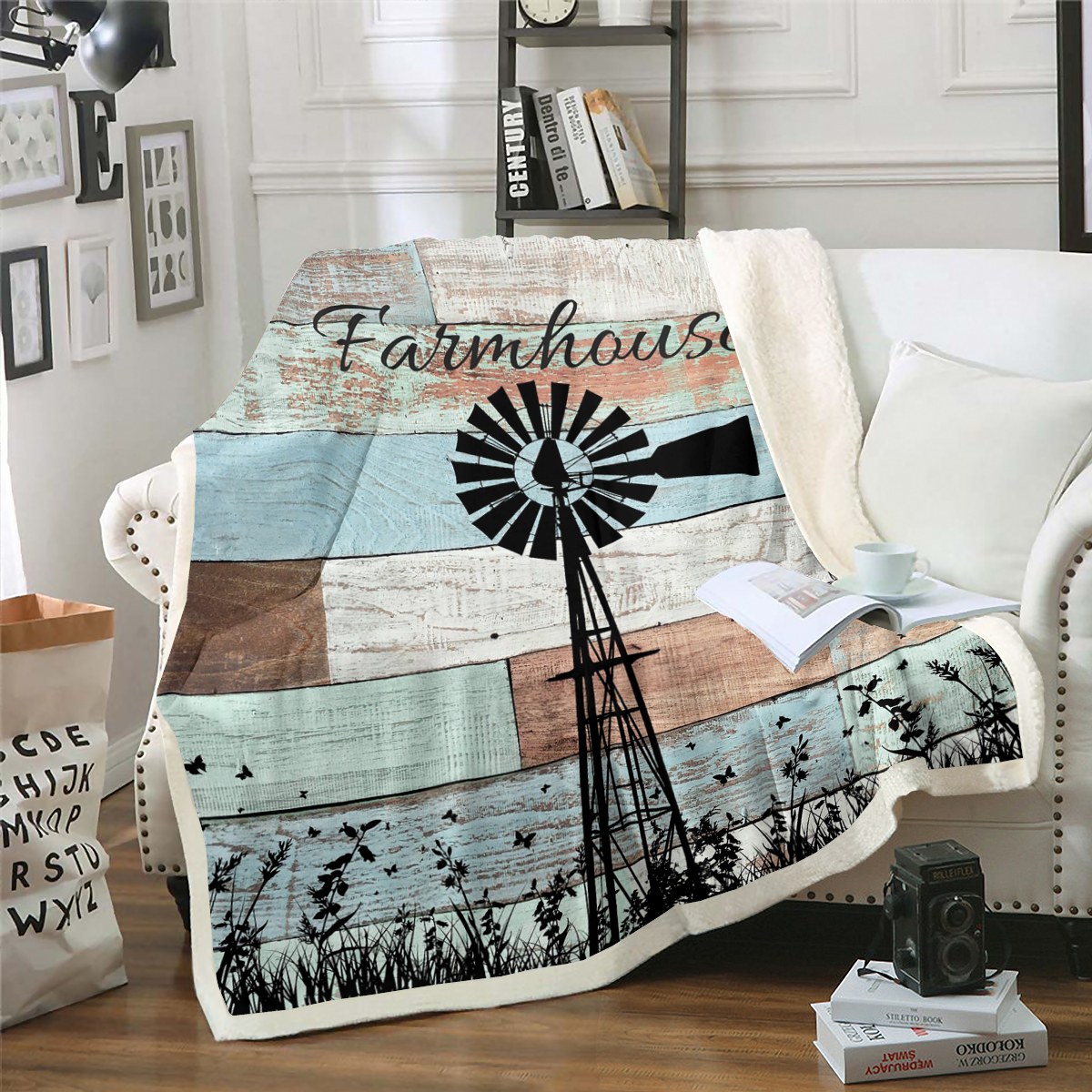 Rustic Farmhouse Fleece Blanket For Cabin Room Decor,Farm Windmill