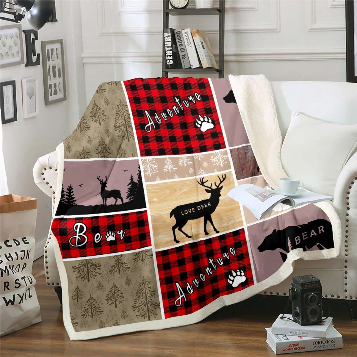 Rustic Farmhouse Fleece Blanket Twin Size,Vintage Cabin Lodge Sherpa