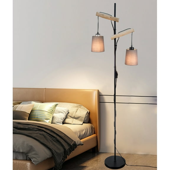 Rustic Farmhouse Floor Lamp Hanging 2 Lights Lamp Unique Tree Lighting Tall Standing Pole Light with Fabric Lampshade Floor Lamps Home Decor