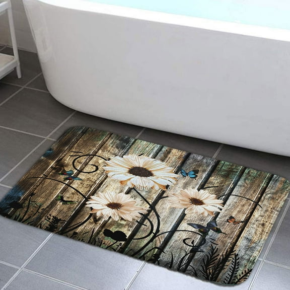 Rustic Farmhouse Floral Bath Mats Rugs for Bathroom, Barn Wood Daisy Butterfly Non Slip Bath Mat Rug, American Country Farm Vintage Style Kitchen Bedroom Indoor Decor Floor Mat, 17X29in