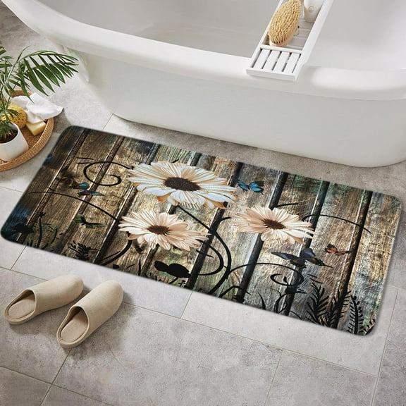 Rustic Farmhouse Floral Bath Mats Rugs for Bathroom, Barn Wood Daisy Butterfly Non Slip Bath Mat Rug, American Country Farm Vintage Style Kitchen Bedroom Indoor Decor Floor Mat, 17X48IN