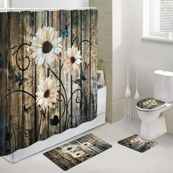 Rustic Farmhouse Floral Bathroom Shower Curtain Set with Toilet Lid Cover and Non-Slip Rugs, Barn Wood Daisy Butterfly Gray Retro 4 Pcs Shower Curtain Set Restroom Decor Accessories with Hooks,72X72in