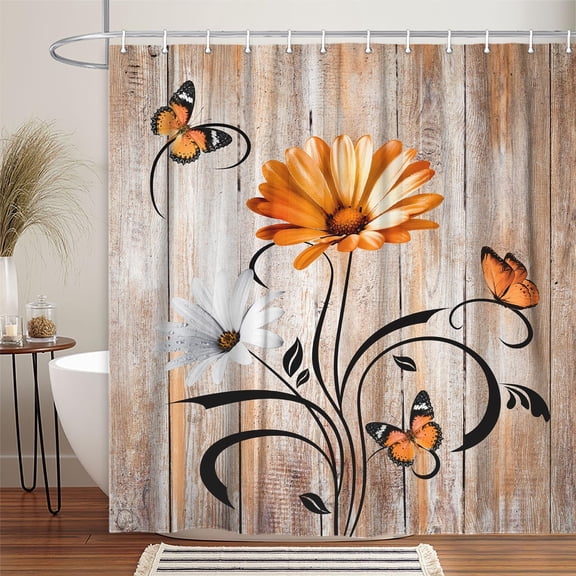Rustic Farmhouse Floral Fall Shower Curtain, Farm Boho Orange Daisy Flowers and Butterfly on Country Wooden Shower Curtain for Bathroom, Wildflower Autumn Curtain with 6PCS Hooks, 36X70IN