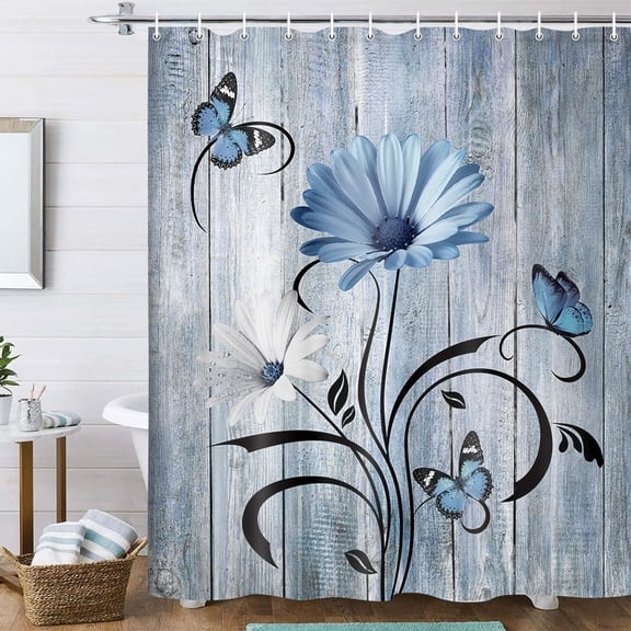 Rustic Farmhouse Floral Shower Curtain,Boho Blue Daisy Flowers Butterfly on Country Wooden Bath Curtains for Bathroom,Fabric Wildflower Farm Bathroom Decor Sets with Hooks,70X70IN