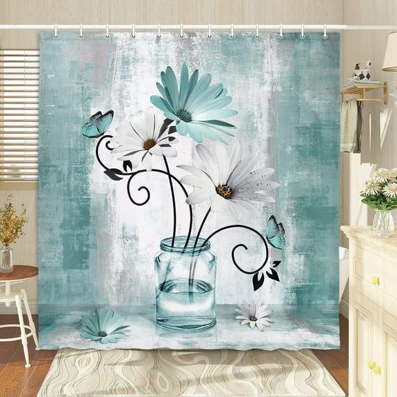 Rustic Farmhouse Floral Shower Curtain, Country Farm Teal Daisy Flowers Butterfly Abstract Shower Curtain Set, Turquoise Blue Shower Curtains Farmhouse Bathroom Accessories with 12PCS Hooks,36X70IN