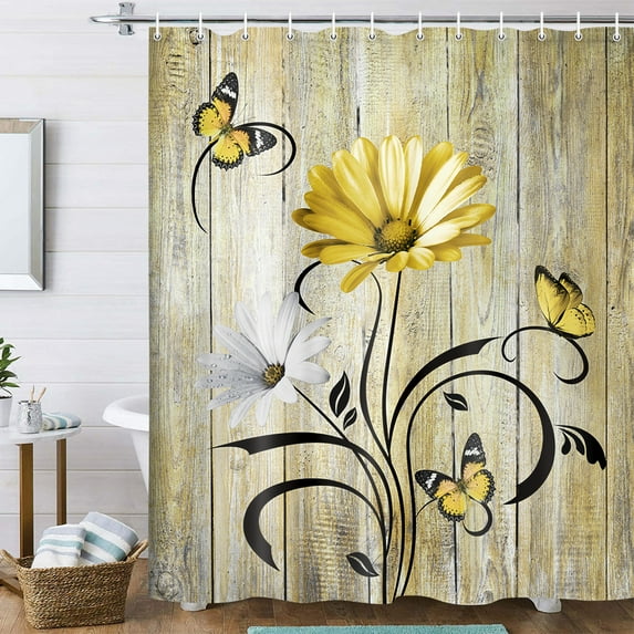 Rustic Farmhouse Floral Shower Curtain, Farm Boho Yellow Daisy Spring Flowers and Butterfly on Country Wooden Shower Curtain for Bathroom, Wildflower Shower Curtain with 12PCS Hooks, 70X75 White Black