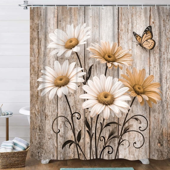 Rustic Farmhouse Floral Shower Curtain, Farm Daisy Flowers and Butterfly Shower Curtain for Bathroom, Country Blue Gray Fabric Boho Shower Curtain Set with 12PCS Hooks