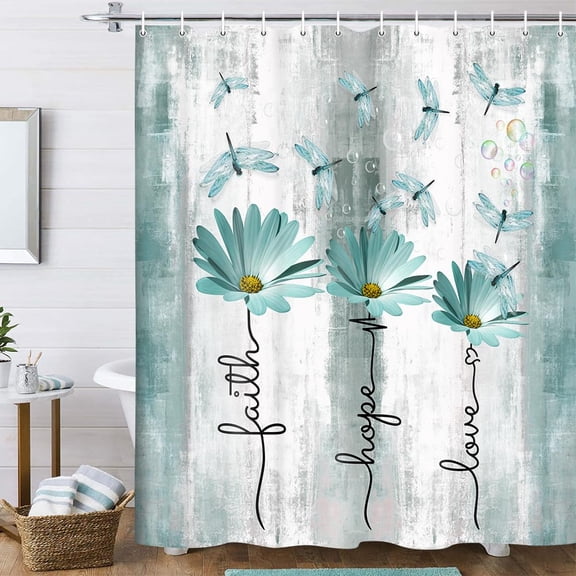 Rustic Farmhouse Floral Shower Curtain, Farm Daisy Flowers and Butterfly Shower Curtain for Bathroom, Country Blue Gray Fabric Boho Shower Curtain Set with 12PCS Hooks