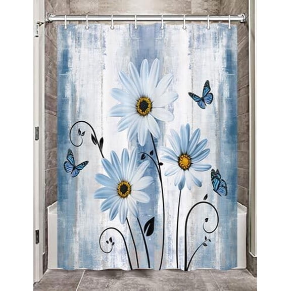 Rustic Farmhouse Floral Shower Curtain, Farm Daisy Flowers and Butterfly Shower Curtain for Bathroom, Country Turquoise Fabric Bath Curtains Set with 12PCS Hooks