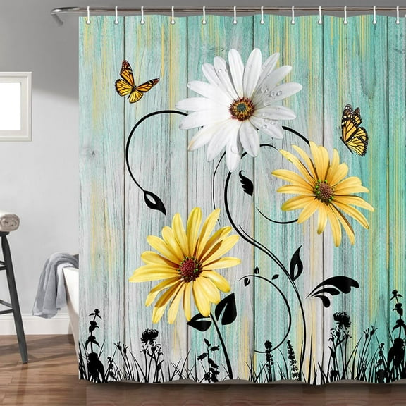 Rustic Farmhouse Floral Shower Curtain, Farm Teal Daisy Floral Butterfly Old Plank Rustic Shower Curtain, Turquoise Blue Fabric Bathroom Accessory Set with Hooks, 36 x 72, Green