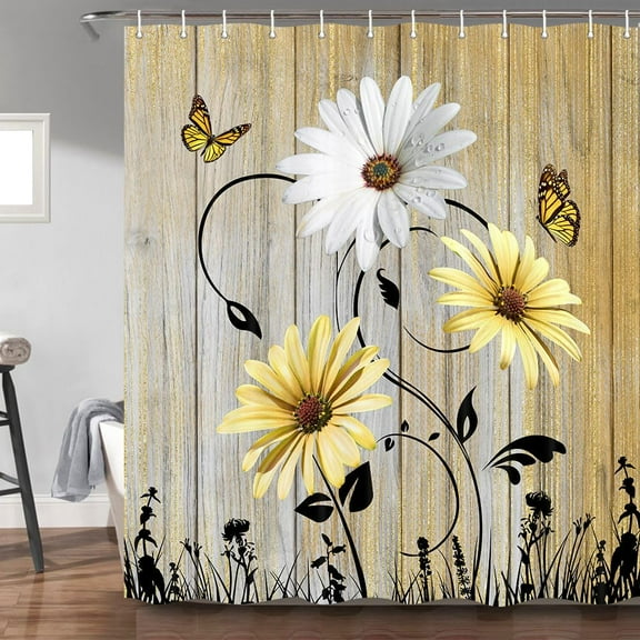 Rustic Farmhouse Floral Shower Curtain, Farm Teal Daisy Floral Butterfly Old Plank Rustic Shower Curtain, Turquoise Blue Fabric Bathroom Accessory Set with Hooks, 72x84, Yellow