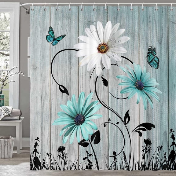 Rustic Farmhouse Floral Shower Curtain, Farm Teal Daisy Flowers Butterfly Old Wooden Board Country Bath Curtains, Turquoise Blue Fabric Bathroom Accessory Sets with Hooks, 72x84