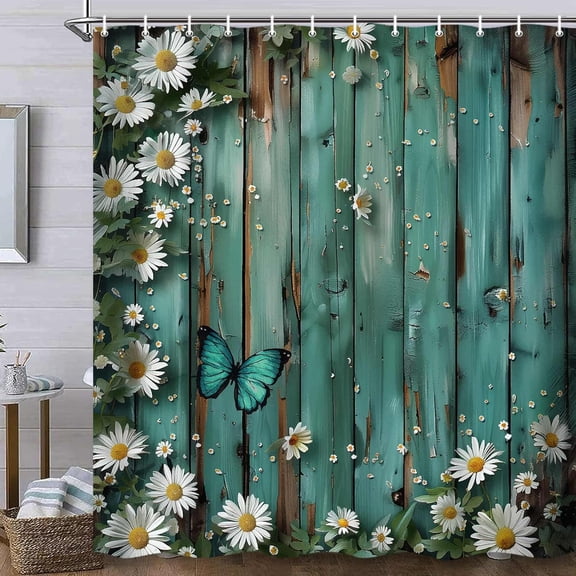 Rustic Farmhouse Floral Shower Curtain, Farmhouse White Look Flowers Butterflies Shower Curtain, Turquoise Old Wooden Board Country Bathroom Shower Curtain Set-72"W x 72"L (Pack of 1)