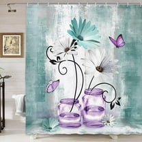 Rustic Farmhouse Floral Shower Curtain Purple Teal Daisy Flowers Butterfly Abstract Shower Curtain Country Farm Turquoise Blue Violet Fabric Shower Curtain for Bathroom with 12PCS Hooks, 70X70IN
